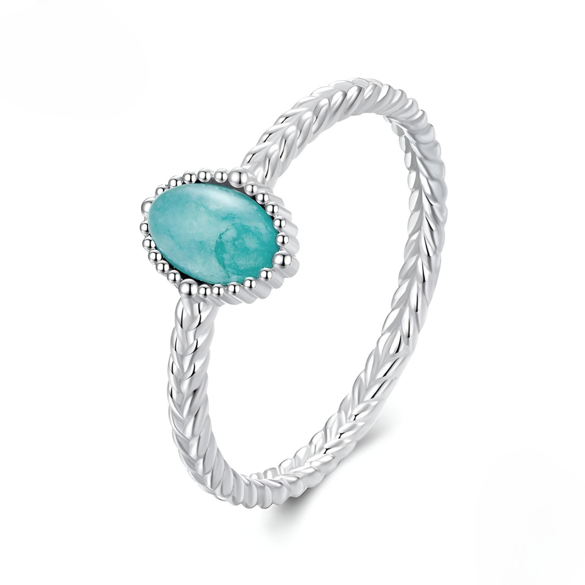 Une bague Amazonite Argent, avec un anneau torsadé en argent et une pierre ovale vert-bleu