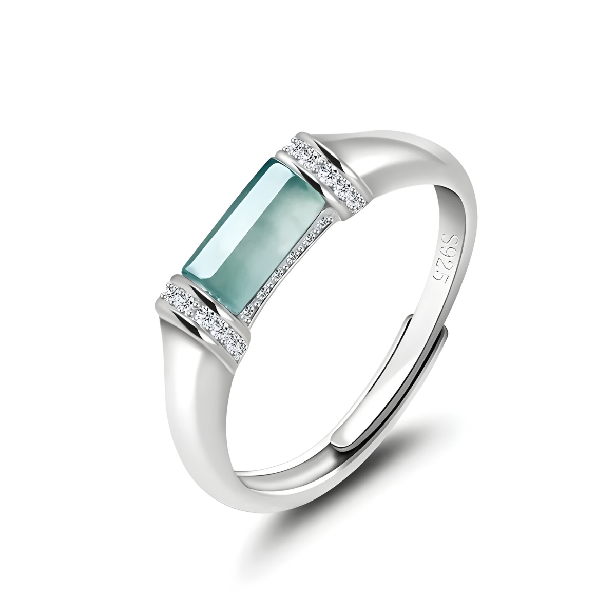 bague amazonite argent avec pierre rectangulaire verte et pavage de petits oxydes sur les côtés