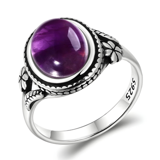 bague améthyste Évêque en argent 925 avec pierre ovale cabochon et motifs floraux gravés sur l’anneau