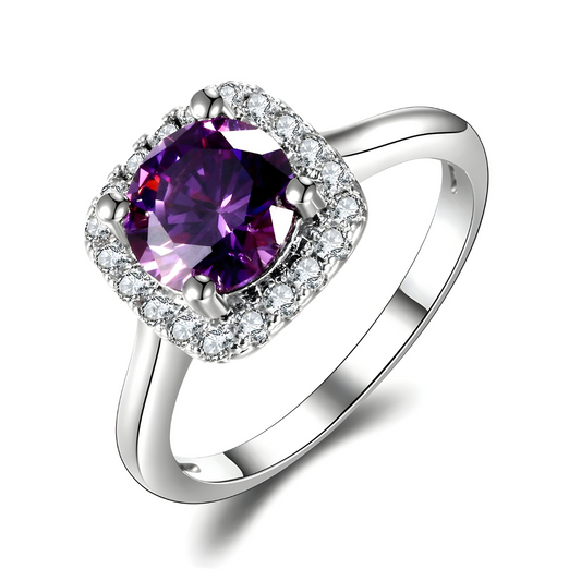 bague améthyste véritable en argent sterling avec améthyste centrale ronde et halo de pierres blanches
