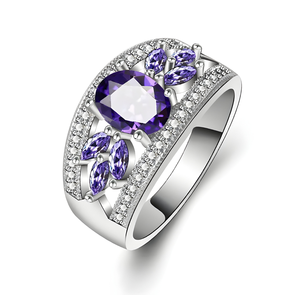 bague améthyste argent avec pierre ovale violette entourée de gemmes marquises et oxydes blancs sertis sur large monture argentée