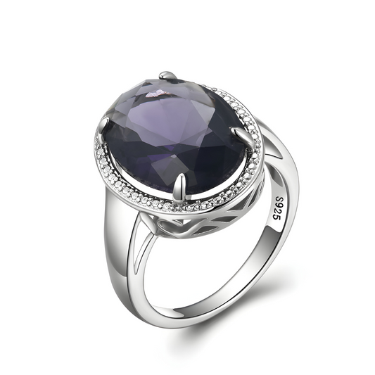 bague améthyste Diamant en argent 925 avec pierre ovale facettée et halo de petits cristaux transparents