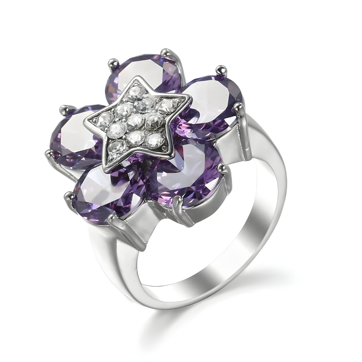 bague améthyste argent avec six pierres ovales violettes formant une fleur autour d’une étoile sertie d’oxydes blancs sur anneau argenté