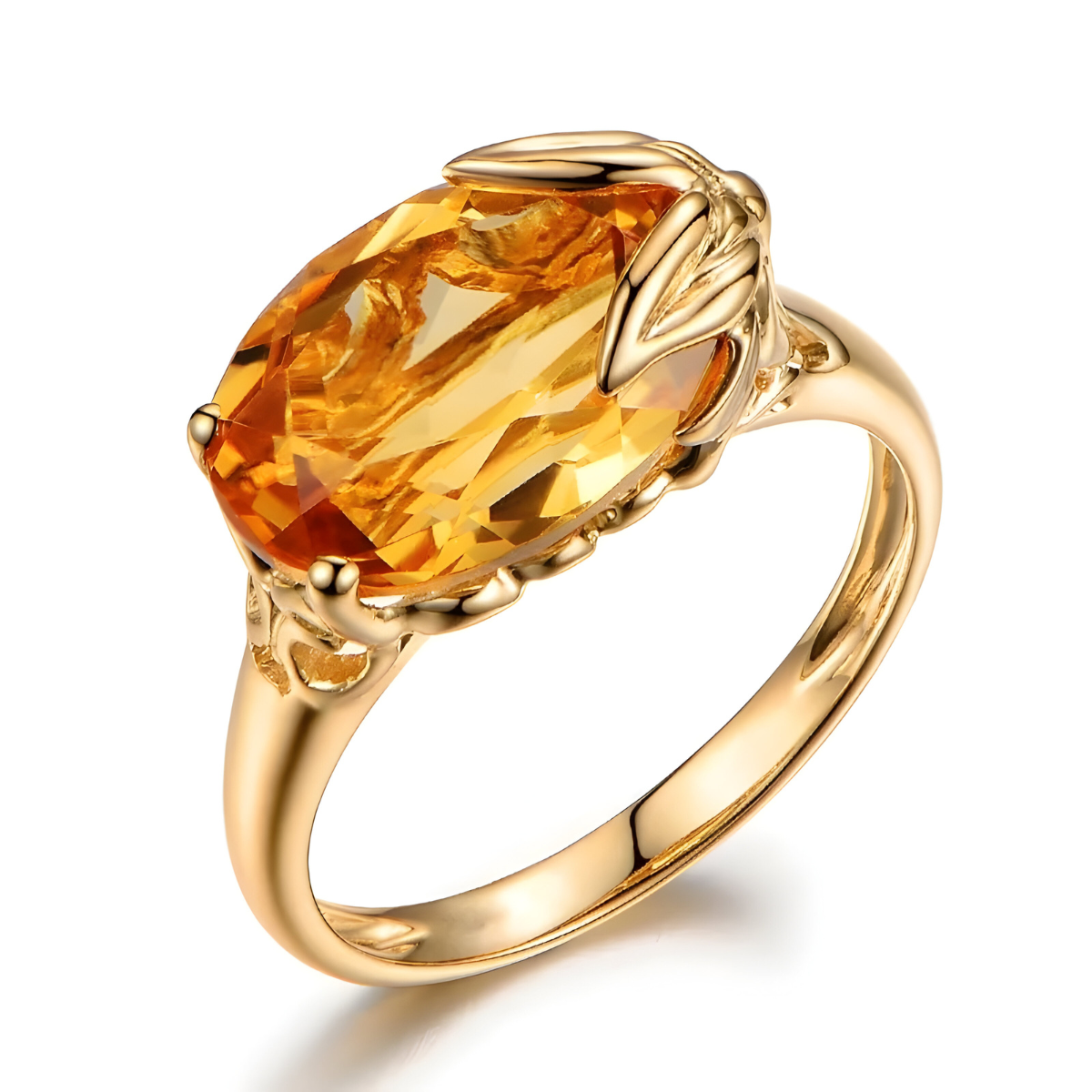 bague or avec citrine facettée et serti floral délicat