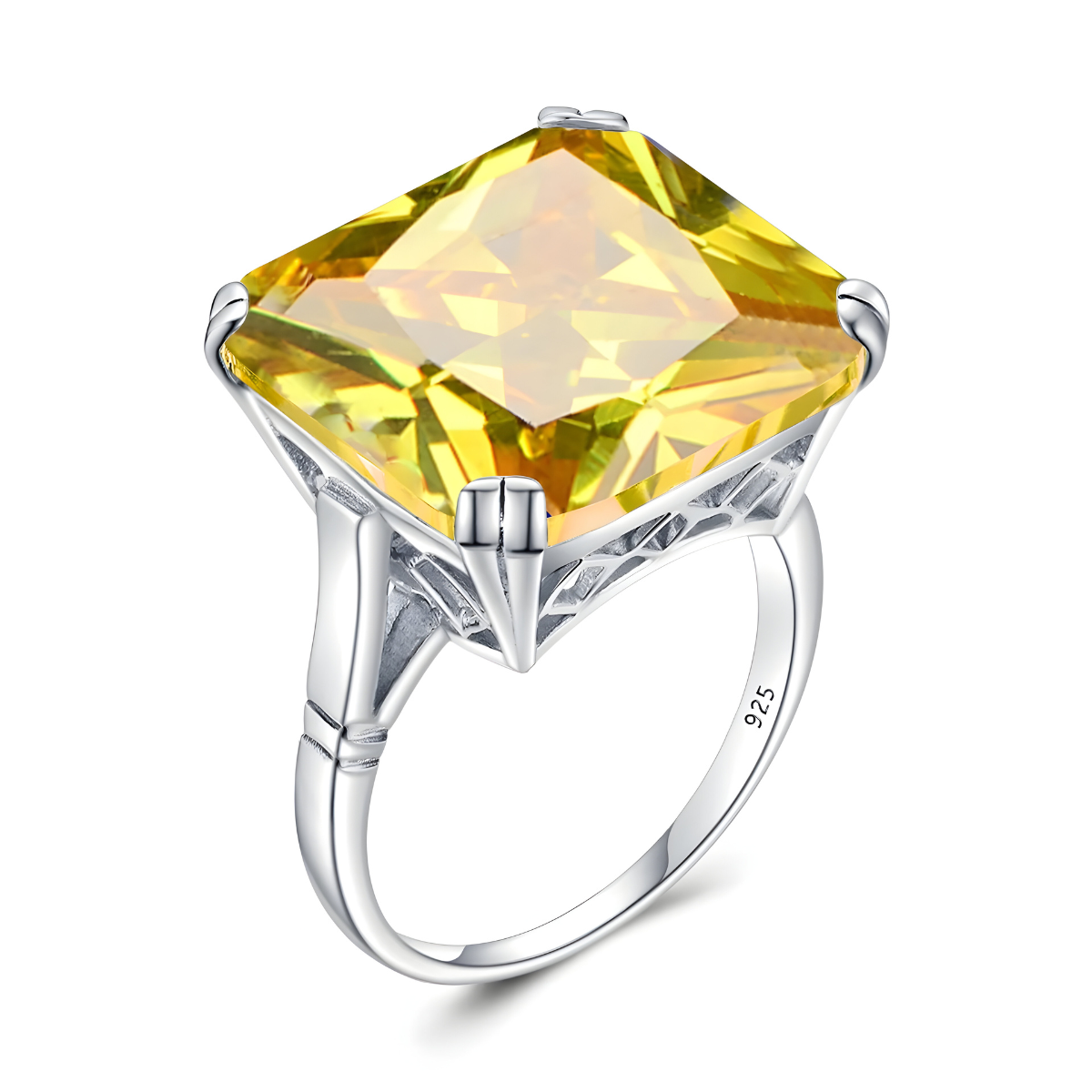 bague citrine jaune avec gemme taille princesse sertie sur monture ajourée en argent 925