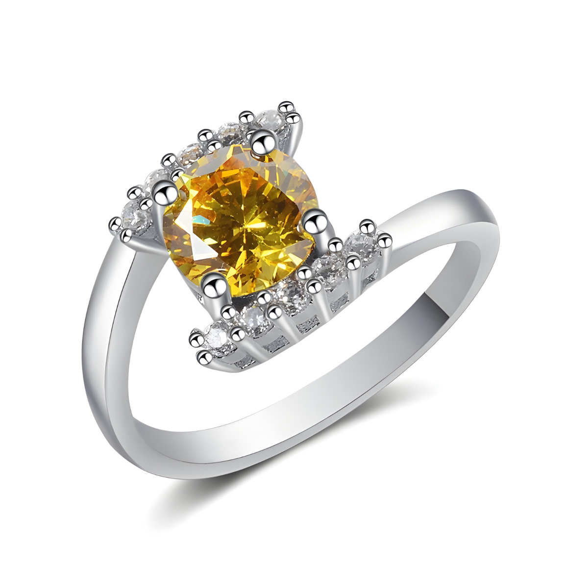 bague citrine véritable en argent avec pierre jaune et pavage de petits oxydes de zirconium