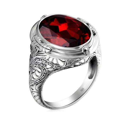 bague grenat ancienne en argent 925 avec pierre ovale rouge et gravures florales