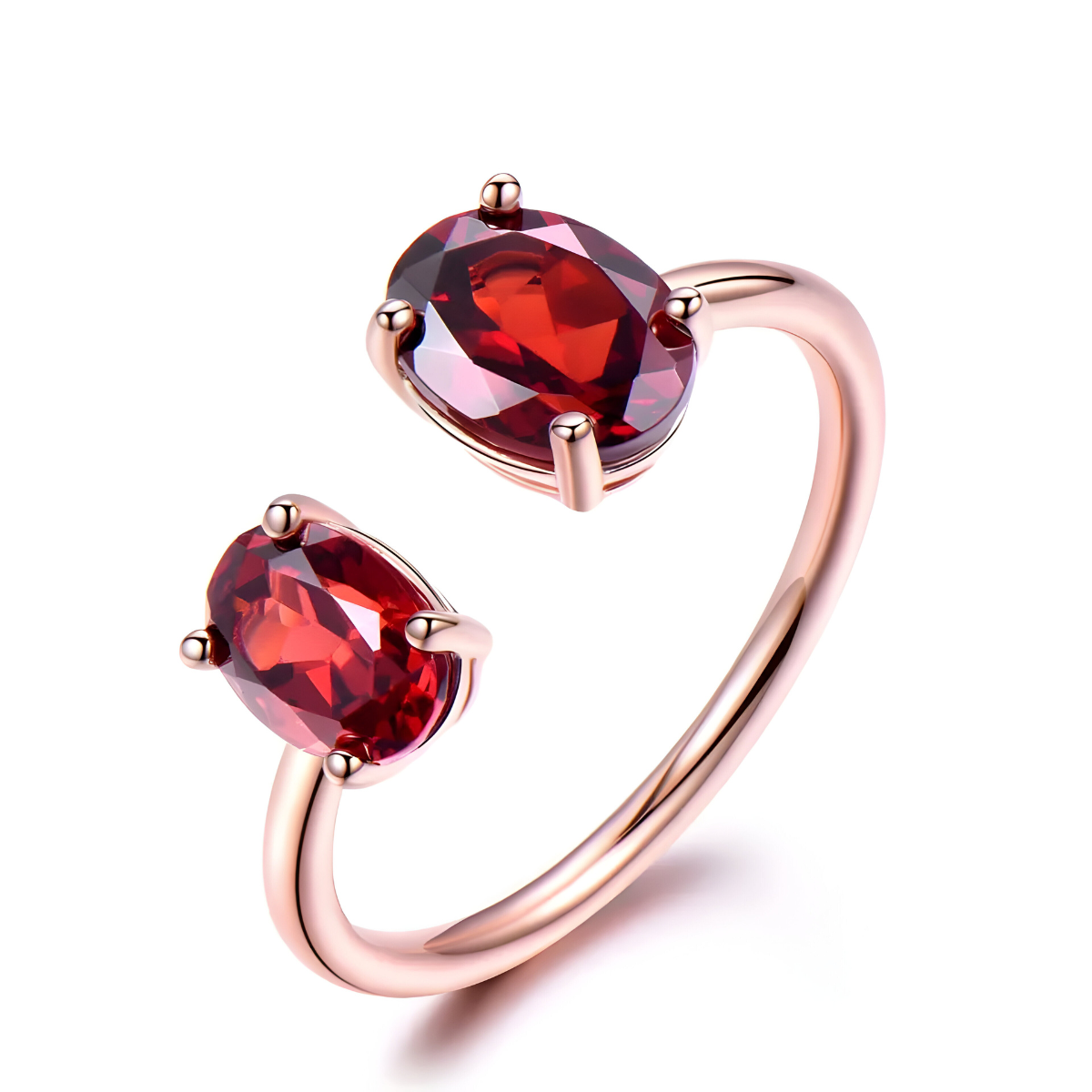 bague grenat or rose avec deux pierres ovales ouvertes serties en face à face