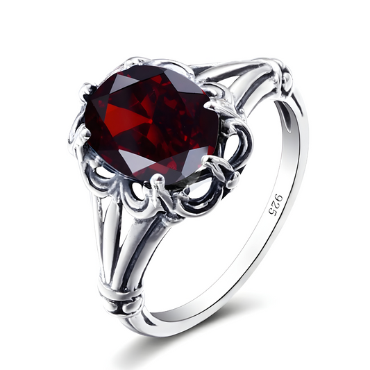 bague grenat cabochon argent 925 avec monture ornée et pierre ronde rouge foncé