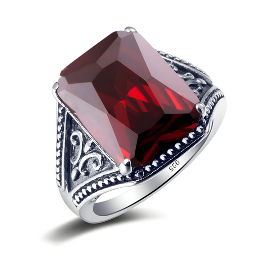bague grenat argent 925 avec pierre rouge facettée et détails gravés vintage