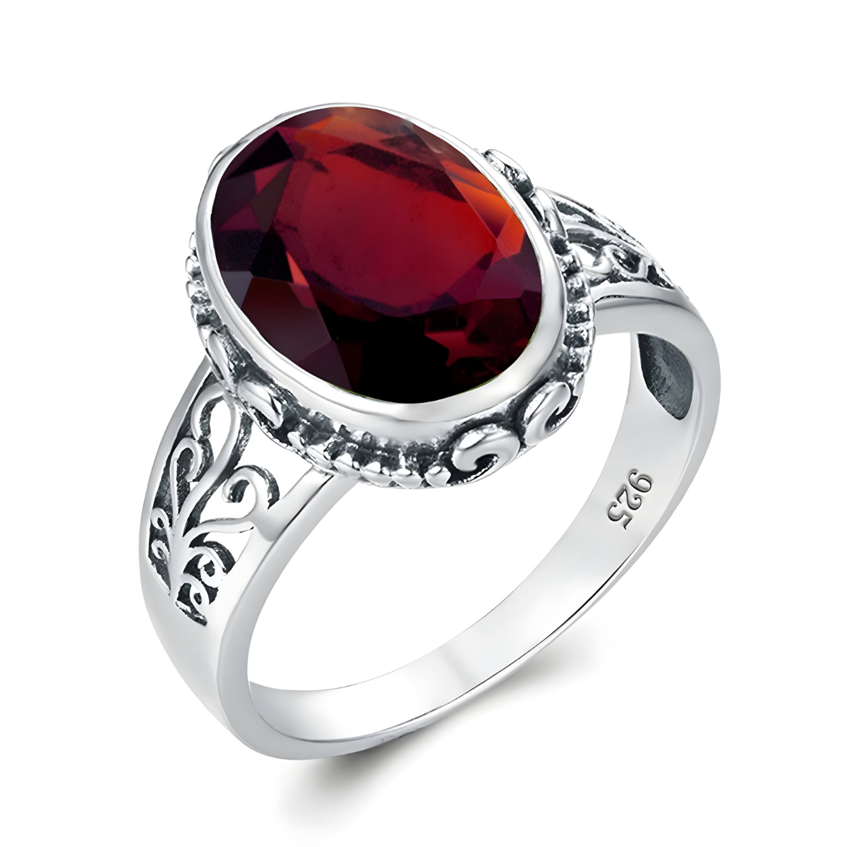 bague argent 925 avec pierre grenat spessartite et motifs ciselés élégants