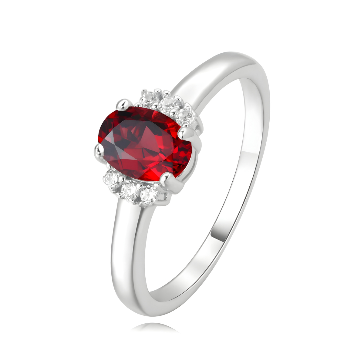bague grenat solitaire en argent avec pierre ovale rouge et petits zircons blancs