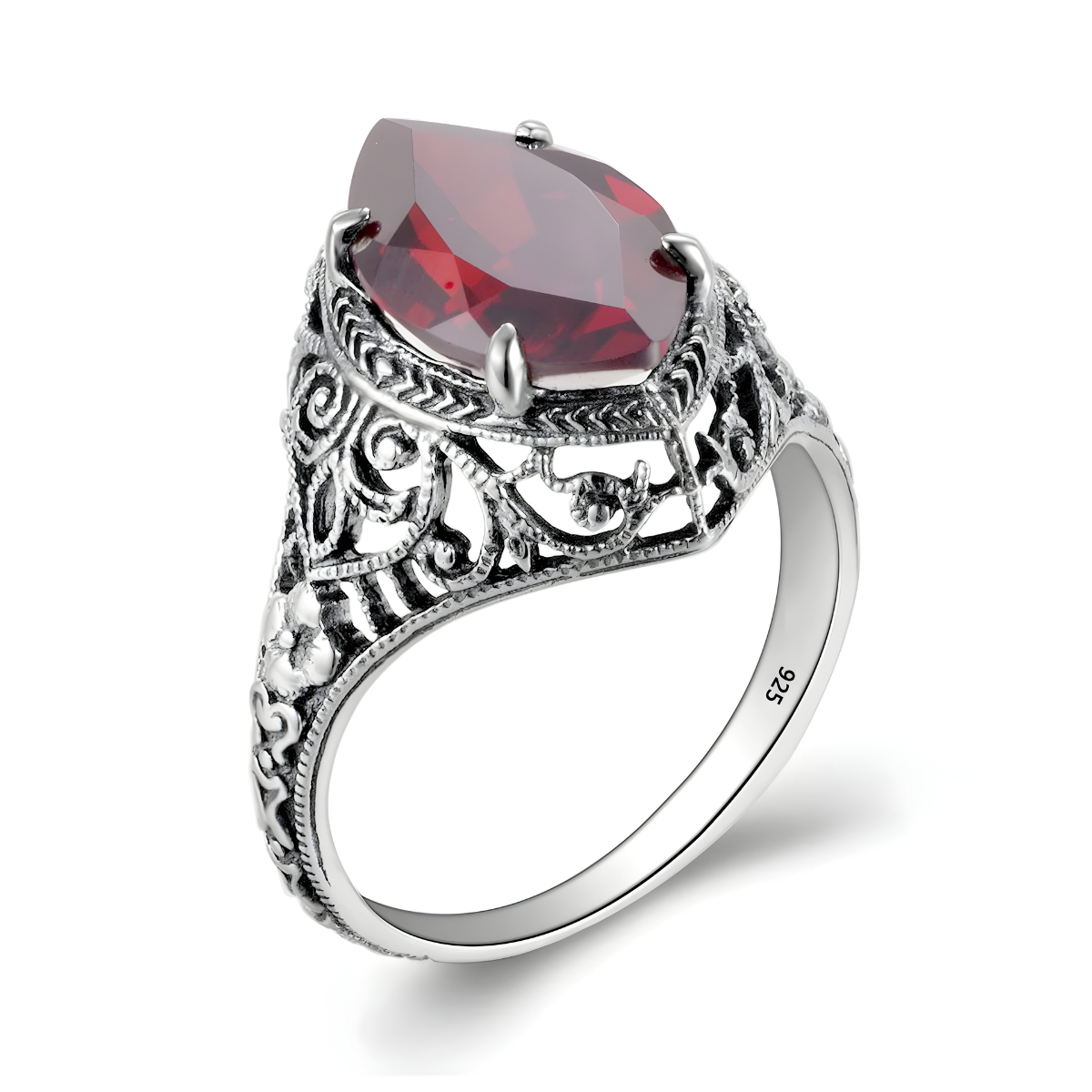 bague grenat marquise en argent 925 avec motifs ajourés et pierre rouge taille marquise