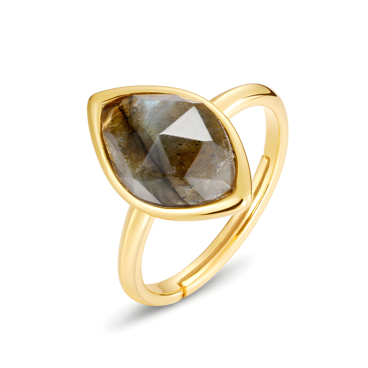 bague labradorite or avec pierre facettée en forme de marquise montée sur anneau doré fin et élégant