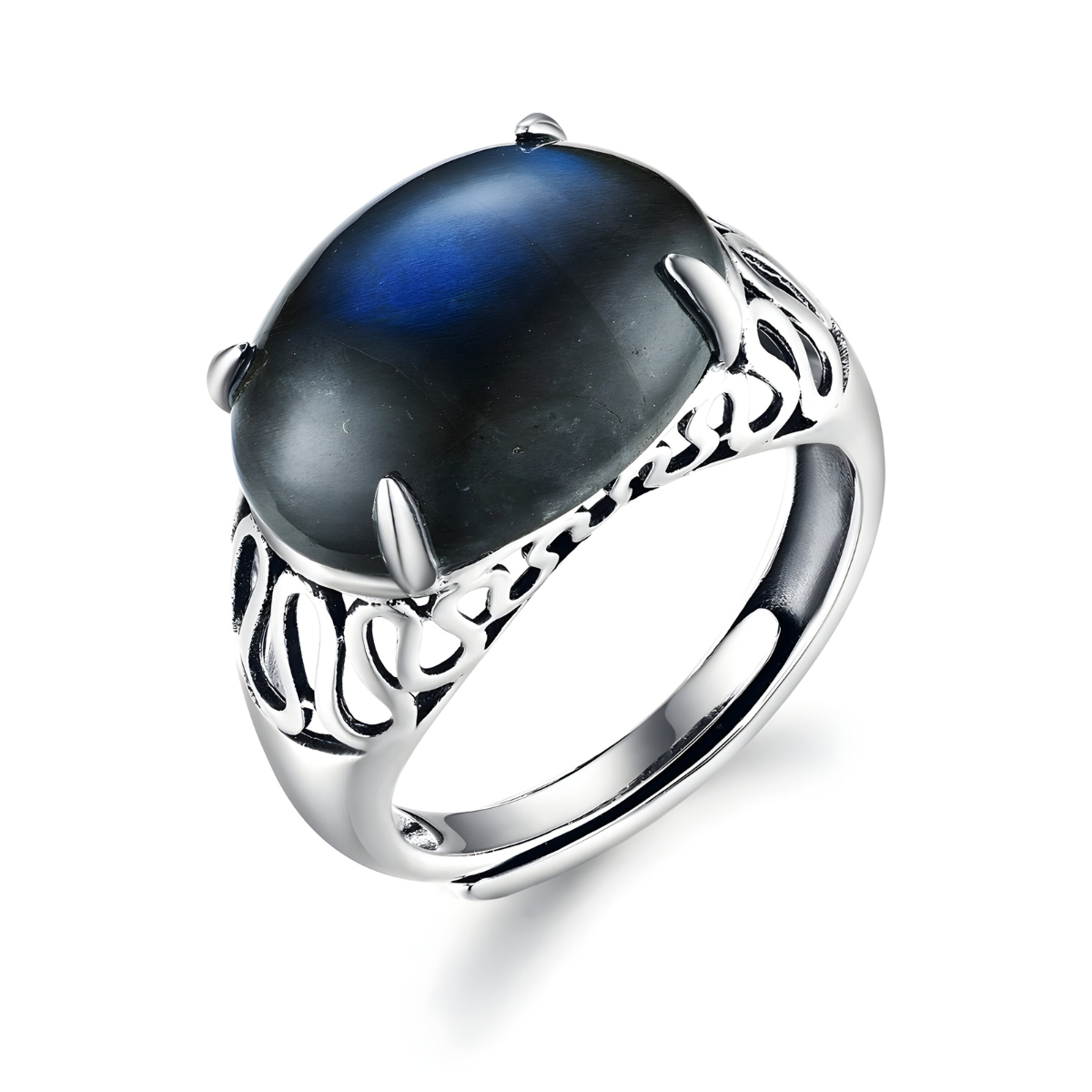 bague labradorite bleu avec pierre ovale aux reflets bleutés et monture argentée ornée de motifs ajourés élégants