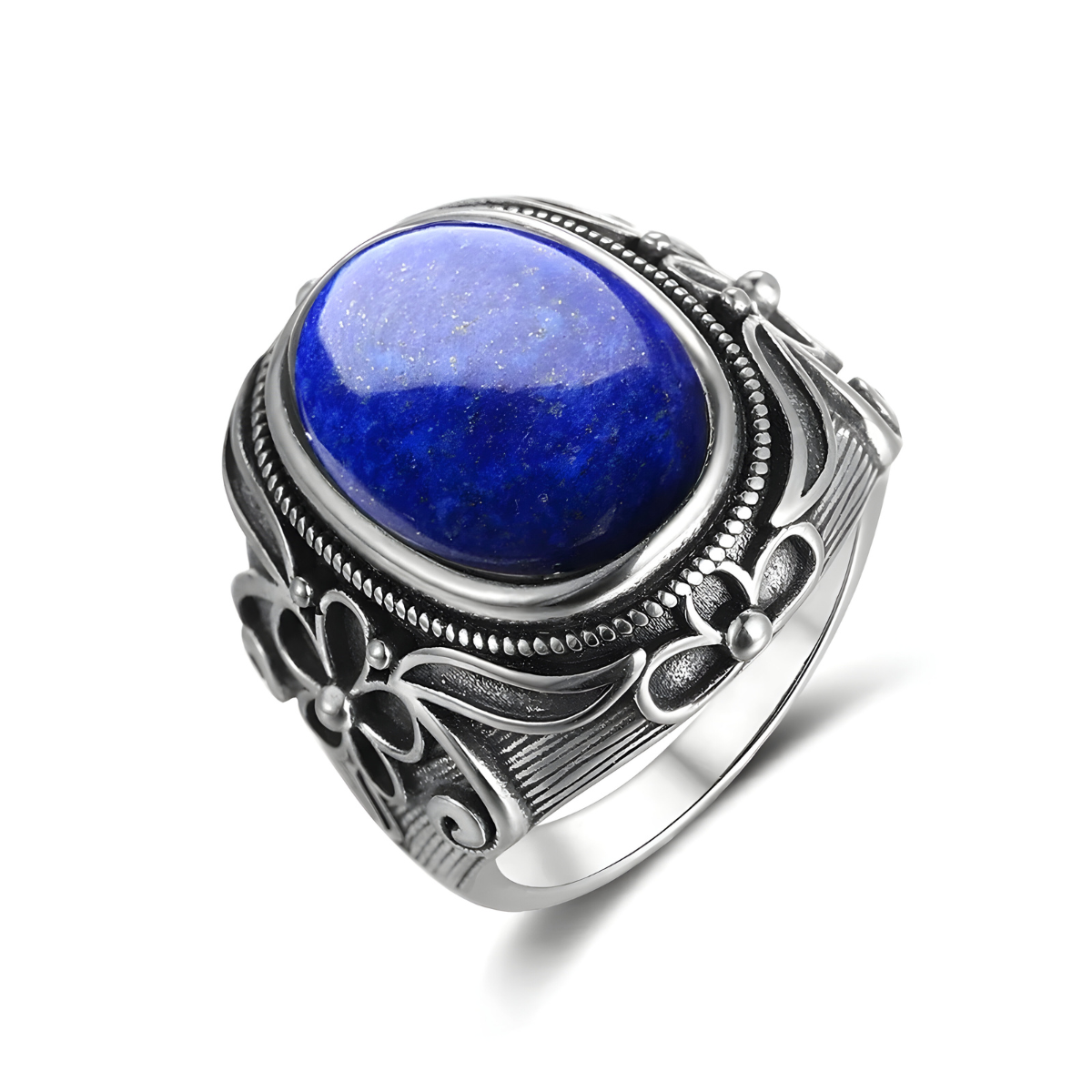 bague lapis lazuli argent avec pierre ovale bleu profond incrustée de reflets dorés et sertie sur un anneau en argent aux motifs floraux ciselés vintage