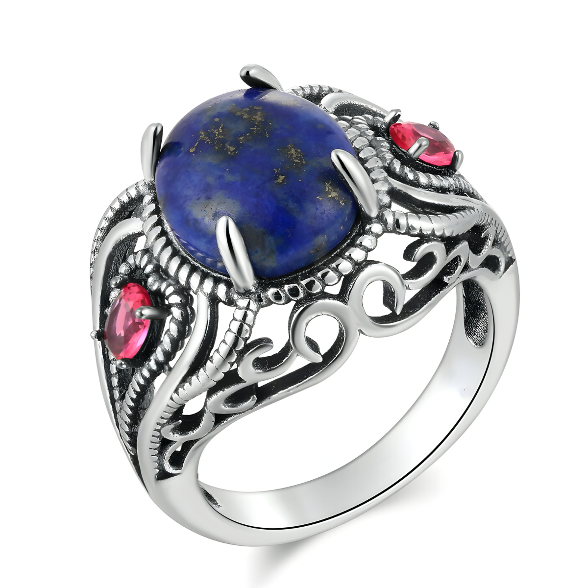 bague lapis lazuli elena en argent avec pierre ronde bleue et inclusions dorées, accompagnée de deux gemmes roses et d’un anneau argenté ajouré de volutes ciselées