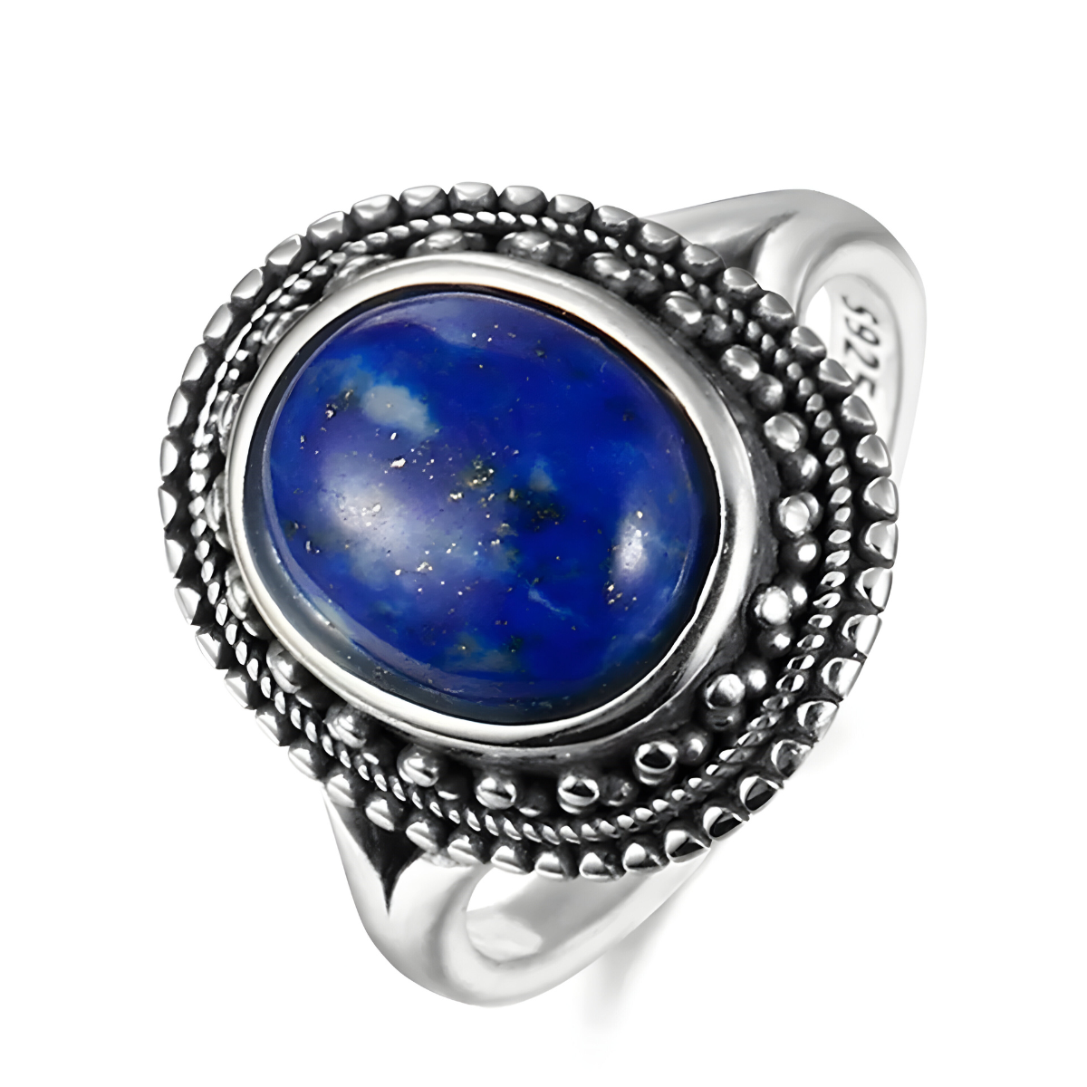 bague lapis lazuli véritable en argent avec pierre ovale bleu profond ornée de pyrite dorée et sertie dans un anneau aux motifs perlés vintage