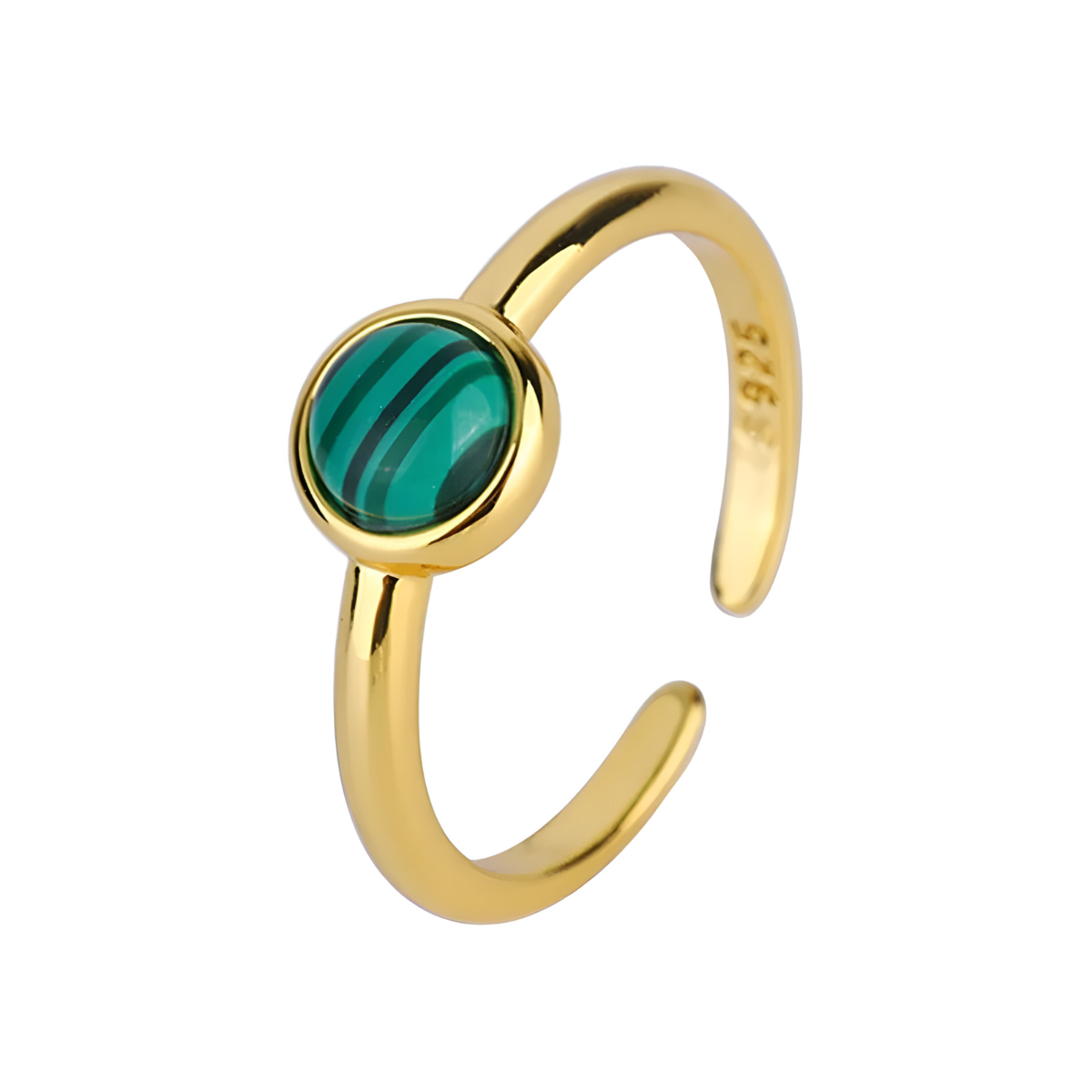 bague malachite ronde montée sur anneau doré fin et ouvert