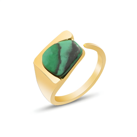 bague malachite rectangulaire irrégulière montée sur anneau doré ouvert