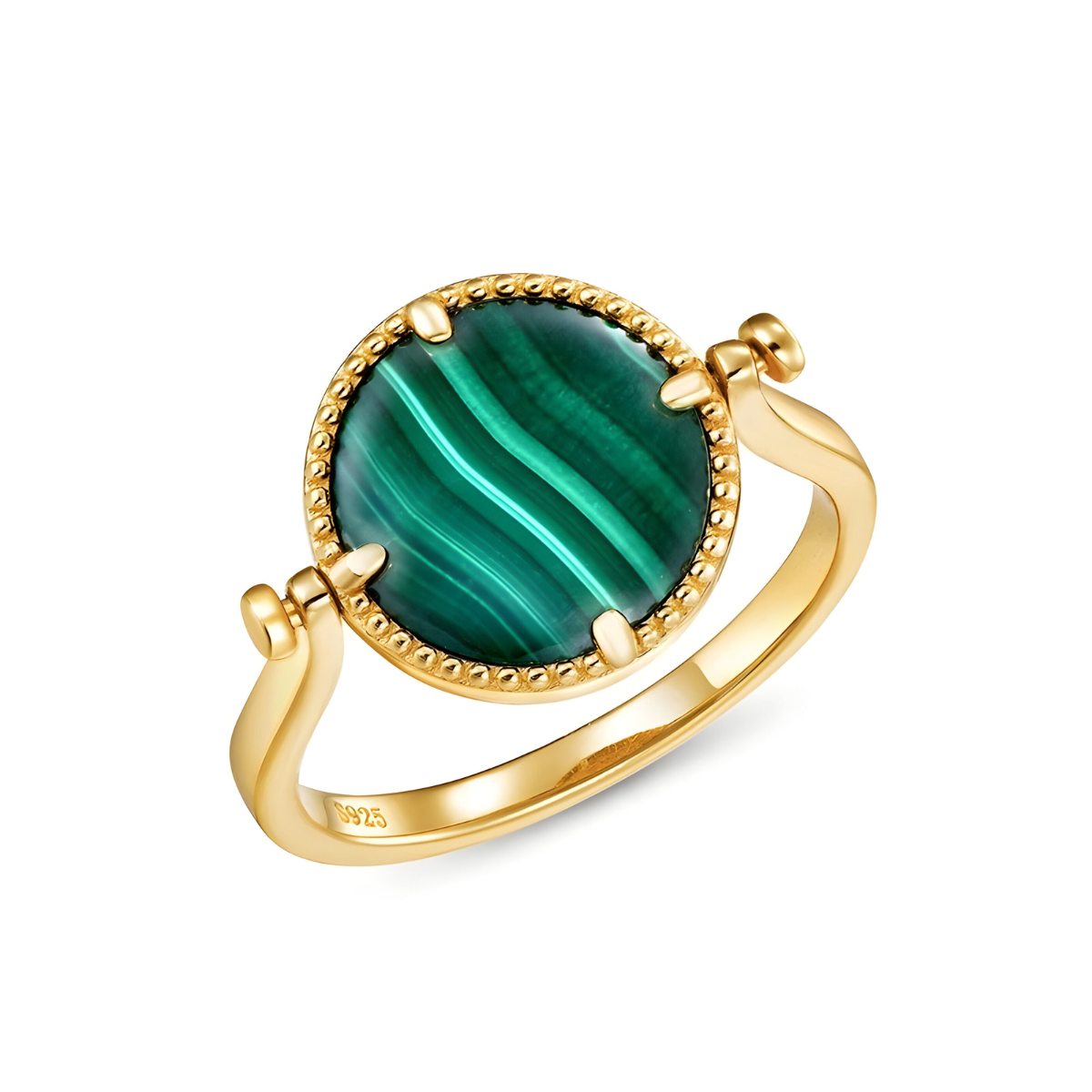 bague malachite ronde sertie de griffes dorées avec anneau torsadé en argent 925