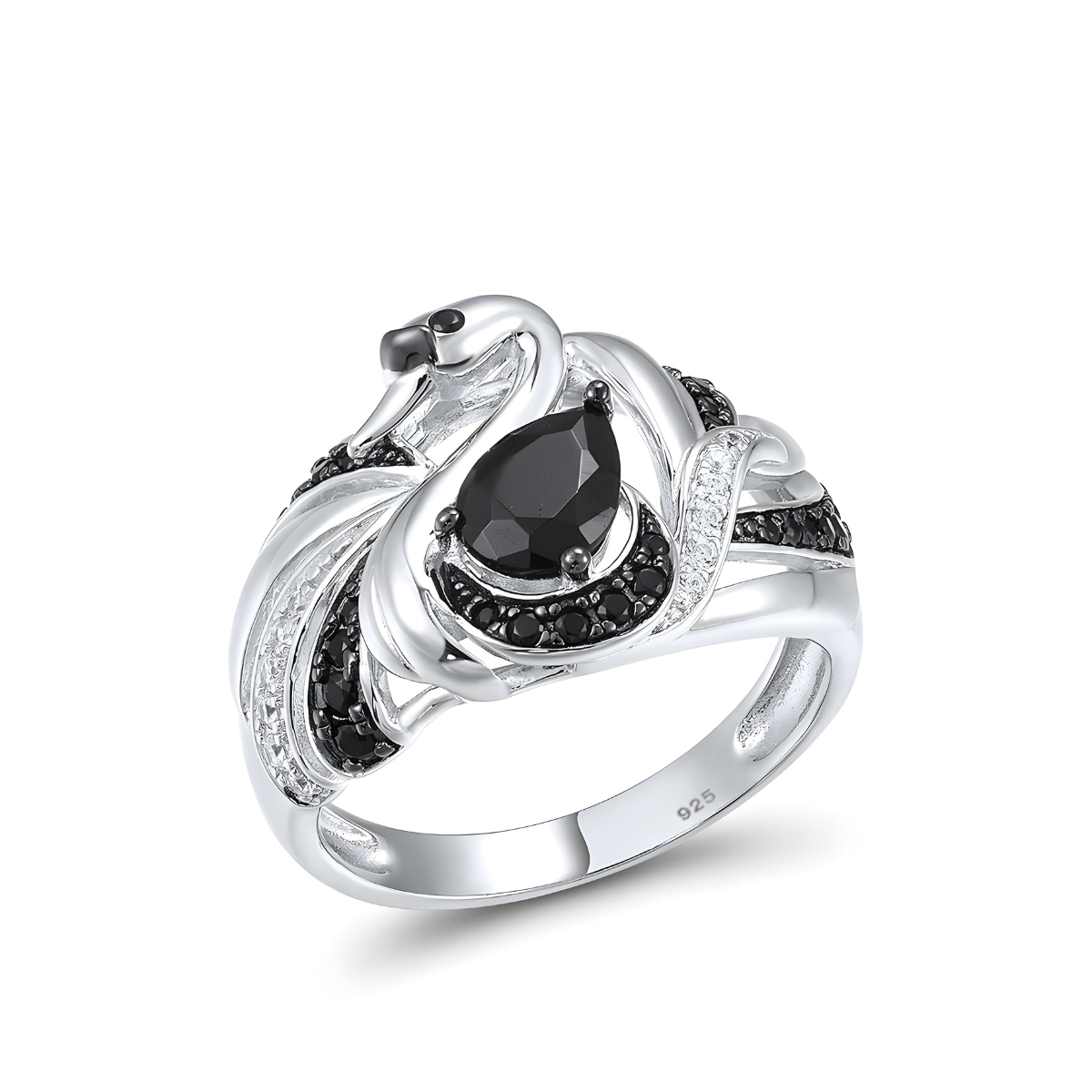 bague obsidienne avec pierre noire en forme de goutte sertie sur monture argentée représentant un cygne décoré de petits oxydes noirs et blancs