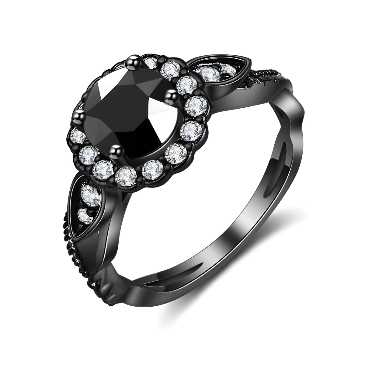 bague obsidienne argent noire avec pierre ronde facettée noire entourée de petits oxydes sur monture noire décorée de motifs en forme de goutte
