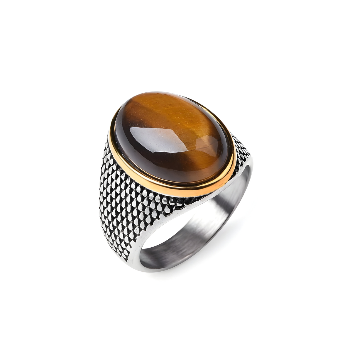Bague oeil de tigre avec pierre ovale marron doré en cabochon montée sur un anneau argenté texturé et cerclée d’un liseré doré lisse