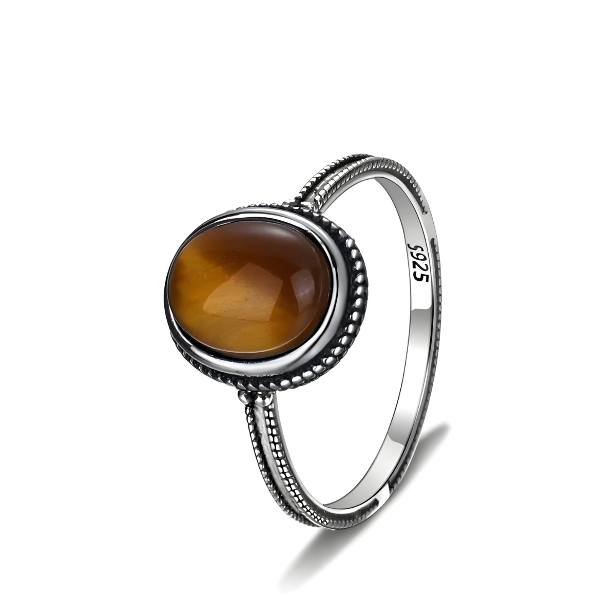 Bague oeil de tigre en argent 925 ornée d’une pierre ovale marron doré en cabochon montée sur un anneau fin décoré de perles en relief