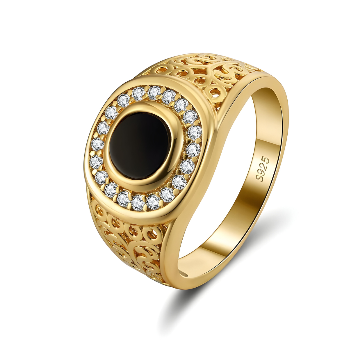 bague onyx ornée d’une pierre noire centrale ronde avec contour de petits oxydes sur monture dorée ajourée