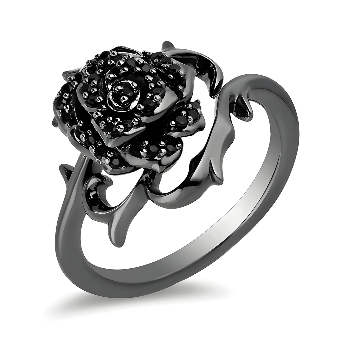 Bague onyx rose noire ornée de pierres noires sur monture en forme de fleur et tige aux courbes élégantes
