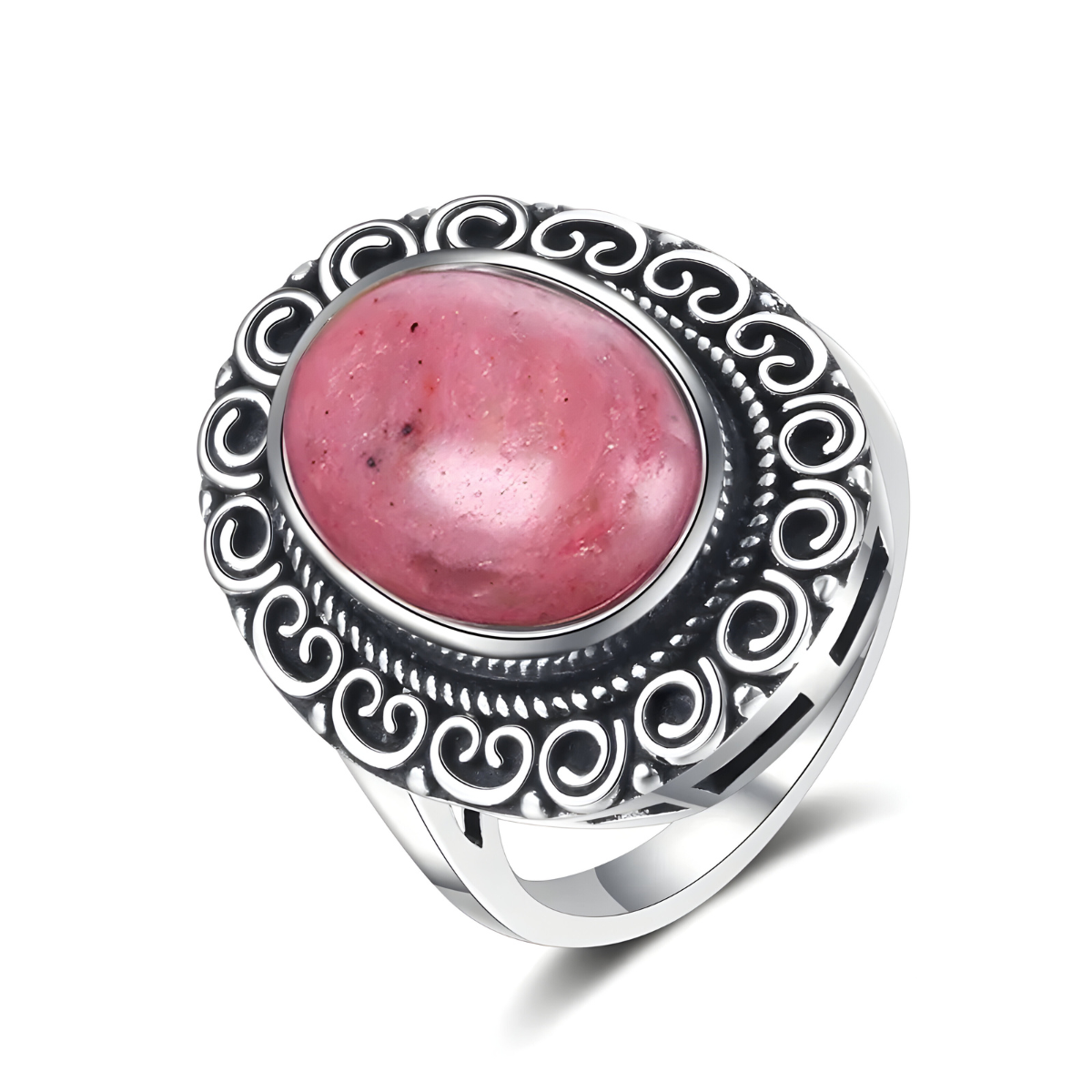 Bague rhodochrosite ovale rose montée sur anneau argenté avec monture ornée de spirales en relief tout autour de la pierre