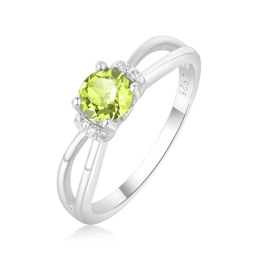Bague tourmaline verte ronde montée sur anneau en argent 925 avec double bande et petits oxydes blancs sertis