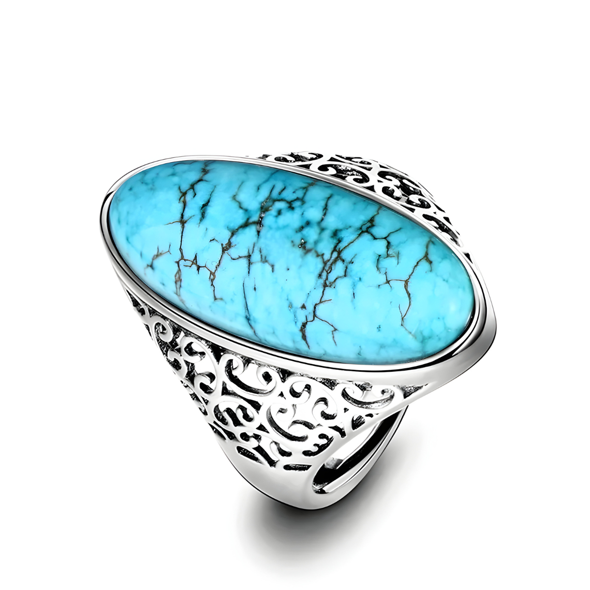 Bague turquoise Iran en argent avec pierre ovale allongée bleu ciel veinée de noir montée sur un anneau ajouré décoré de volutes gravées
