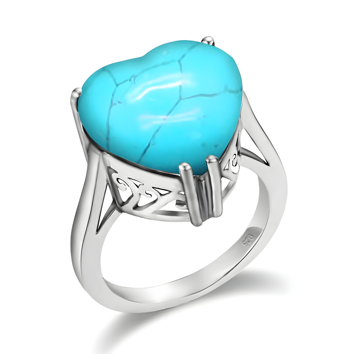 Bague turquoise argent en forme de cœur montée sur un anneau ajouré