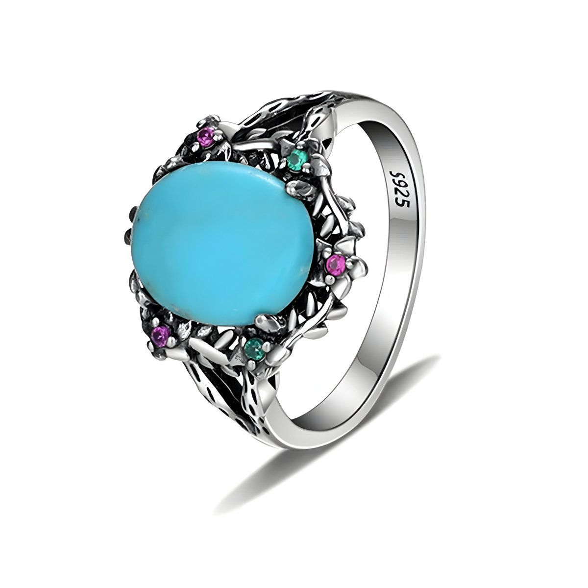 Bague turquoise naturelle en argent avec pierre ovale lisse et détails floraux colorés