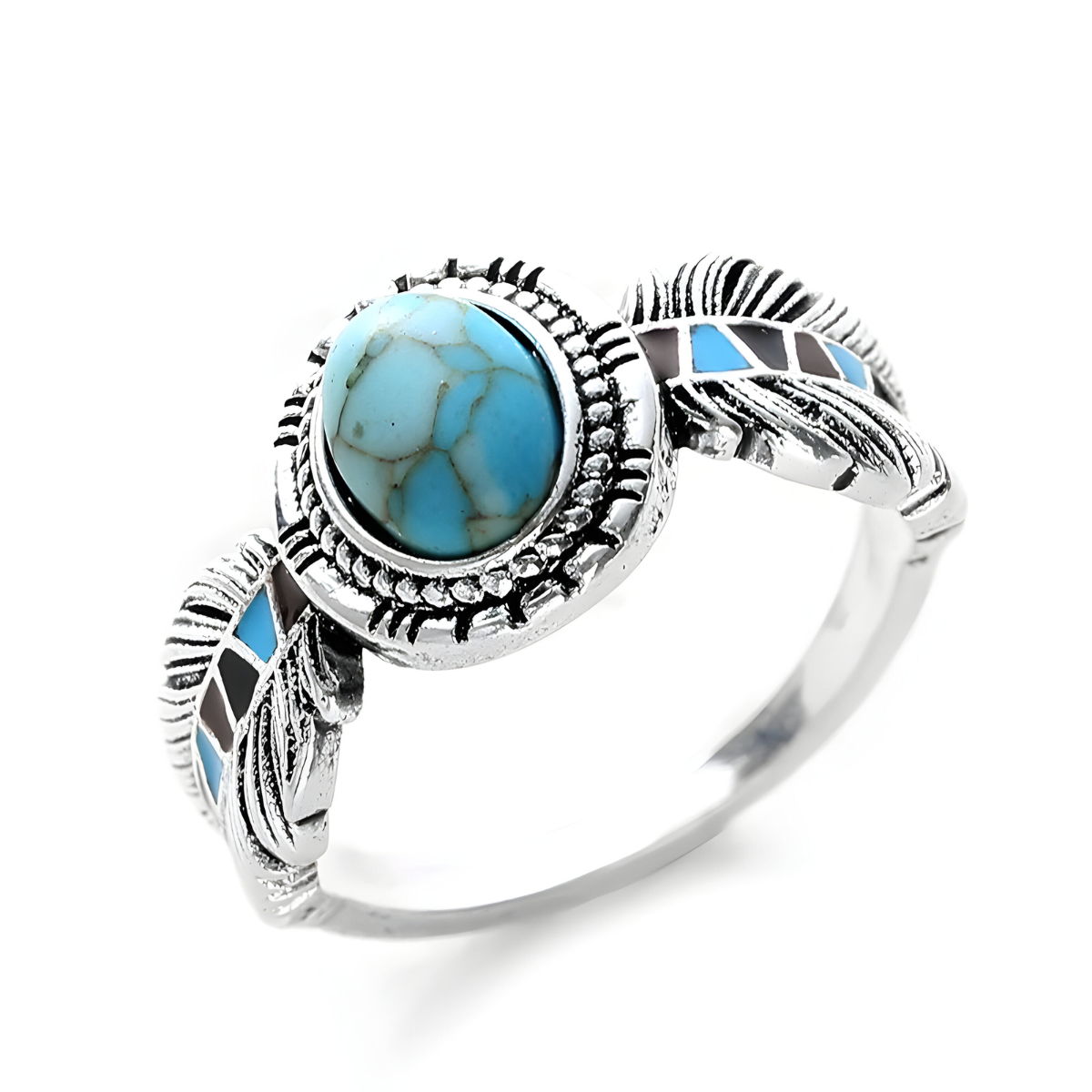 Bague turquoise Hipanema en argent avec pierre ovale sertie et décor de plumes stylisées incrustées de turquoise
