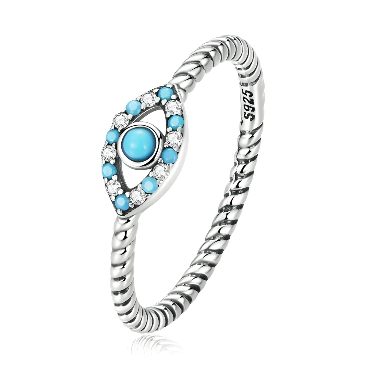 Bague turquoise argent 925 avec anneau torsadé et motif œil orné de pierres turquoise et cristaux transparents en forme de halo