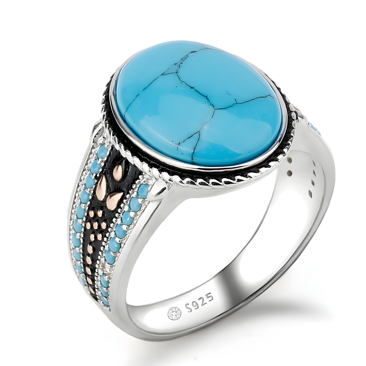 Bague turquoise cabochon en argent 925 avec pierre ovale bleu vif veinée de noir montée sur un anneau décoré de billes et pierres incrustées