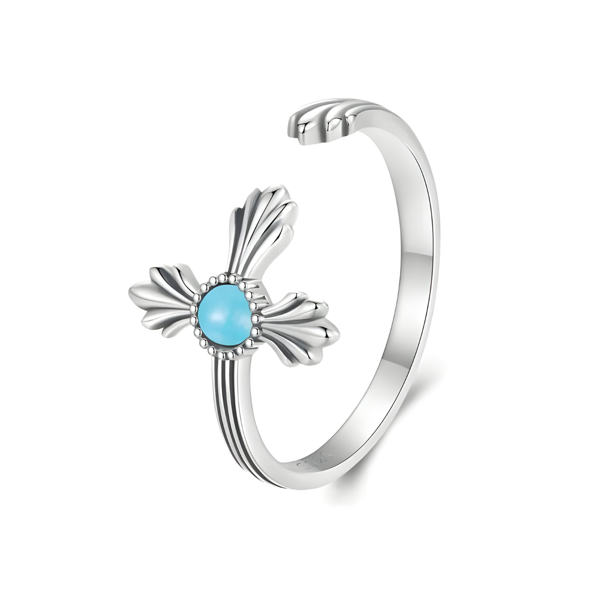 Bague turquoise amérindienne en argent 925 ouverte avec une pierre ronde bleue montée au centre d’une croix stylisée décorée de petits motifs perlés