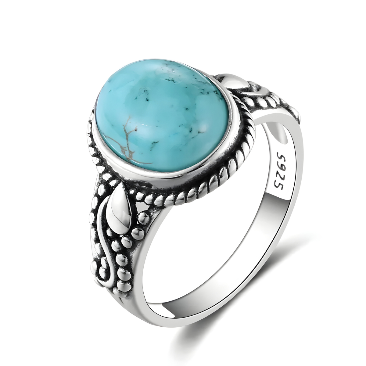 Bague turquoise véritable en argent avec pierre ronde et détails ciselés