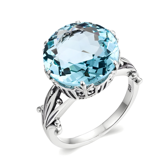 bague aigue marine taille ronde argent 925 monture ciselée élégante
