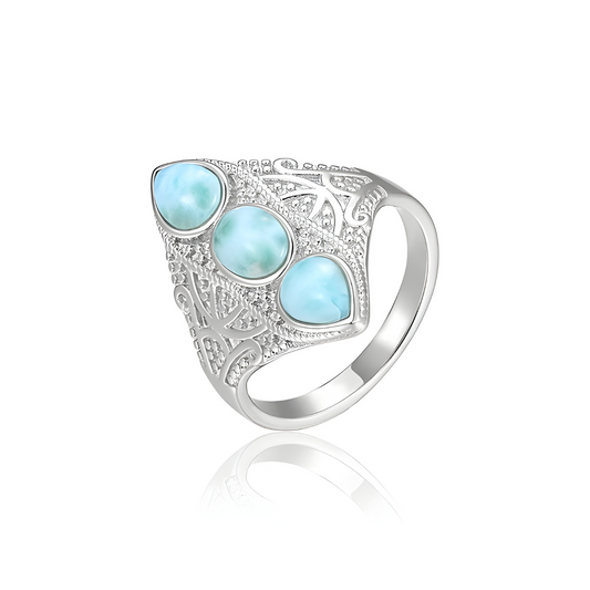 bague aigue marine argent avec trois pierres ovales bleu clair serties sur un anneau ajouré en argent au motif délicatement travaillé