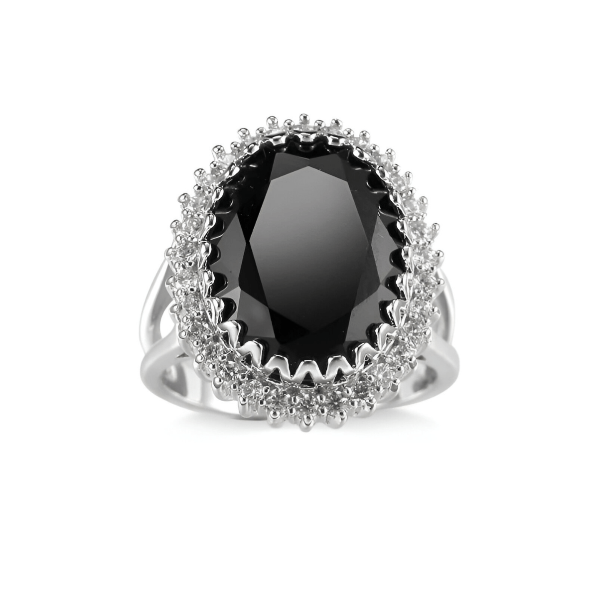 Bague obsidienne noire sertie d’une pierre ovale facettée avec monture argentée décorative
