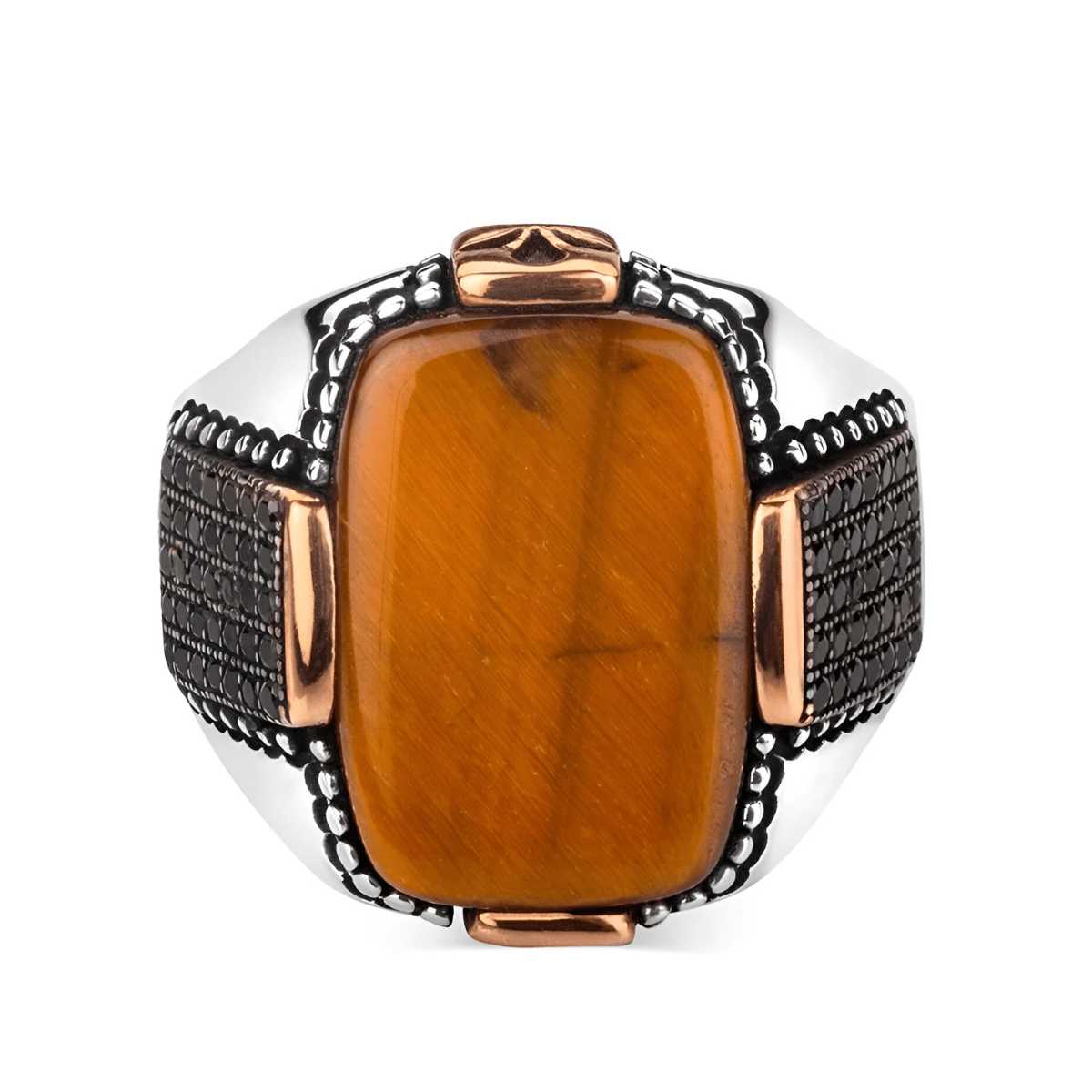 Bague œil de tigre rectangulaire pour homme avec monture argentée et détails cuivrés