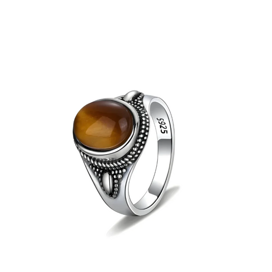 Bague oeil de tigre en argent 925 ornée d’une pierre ronde marron doré montée sur un anneau décoré de billes et d’éléments ovales en relief