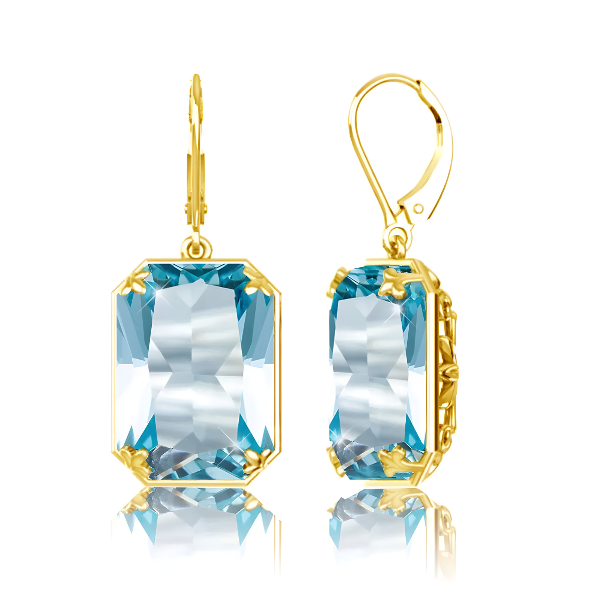 Boucles d’oreilles aigue marine rectangulaires facettées montées sur griffes dorées avec attache à levier en métal doré