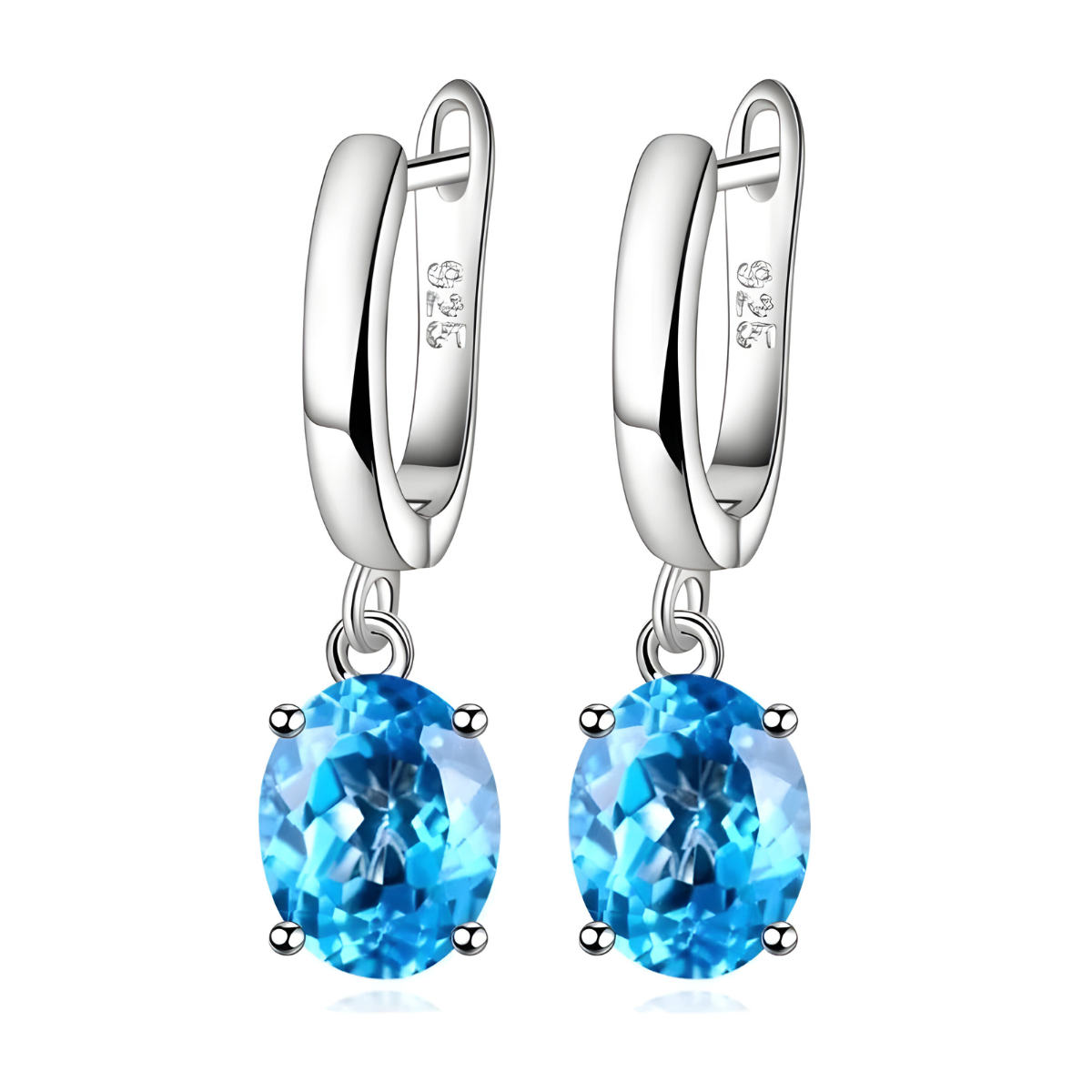 Boucles d’oreilles aigue marine avec pierre ovale bleue facettée suspendue à une petite créole argentée lisse et brillante