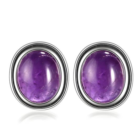 Boucles d’oreilles améthyste ovales en pierre lisse montée sur serti plein argenté à bord double arrondi