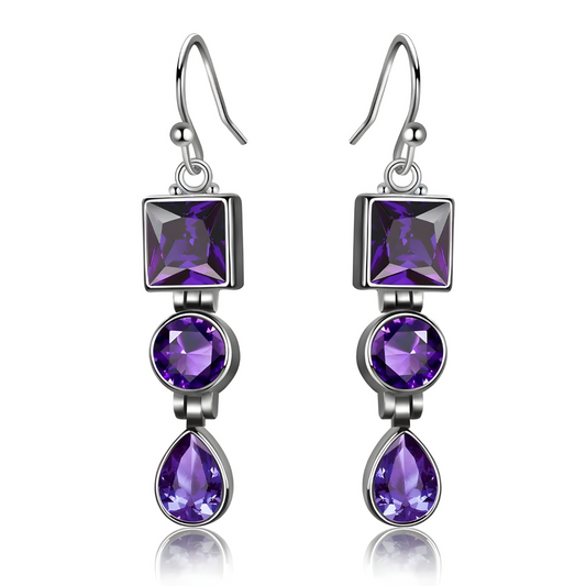 Boucles d’oreilles améthyste avec pierres facettées en forme carrée ronde et goutte montées en ligne sur structure argentée